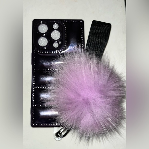 iPhone 14 Pro Metallic Purple Fluffy Pom Pom Phone Case NWT - Picture 2 of 4